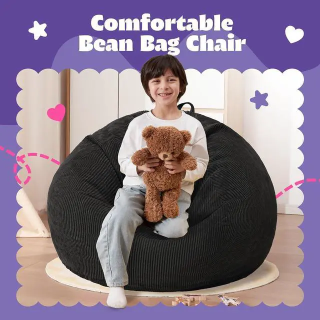 Alt view image 3 of 7 - 2FT Bean Bag Chair,Giant Bean Bag Chairs for Teens Adults,Big Bean Bags with Memory Foam Filled, Large Beanbag Chairs with Soft Corduroy Cover-Black