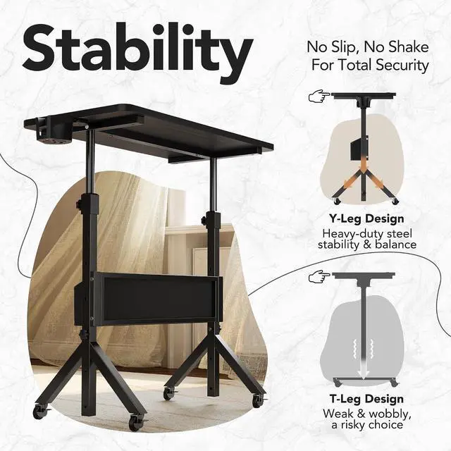Alt view image 7 of 7 - Portable Standing Desk Adjustable Height, Mobile Stand Up Desk for Walking Pad and Treadmill, Rolling Computer Table with Wheels, 31.5"x15.75" Height 28.7"-46.1", Black
