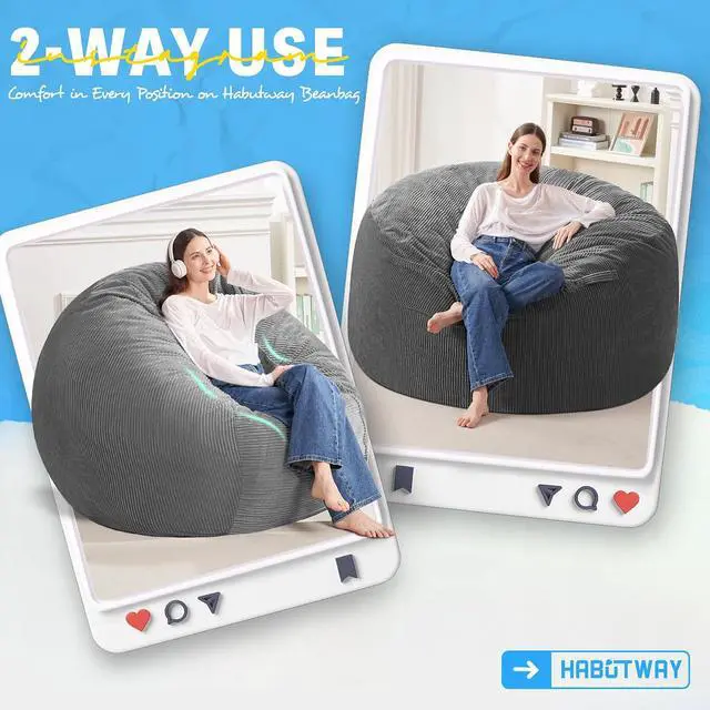 Alt view image 3 of 6 - 4FT Bean Bag Chair,Giant Bean Bag Chairs for Adults,Big Bean Bags with Memory Foam Filled, Large Beanbag Chairs with Soft Corduroy Cover-Grey