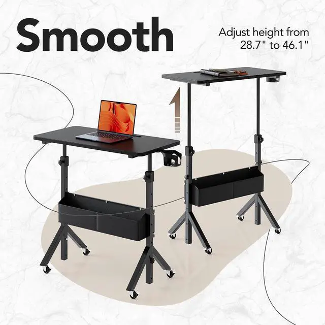 Alt view image 4 of 7 - Portable Standing Desk Adjustable Height, Mobile Stand Up Desk for Walking Pad and Treadmill, Rolling Computer Table with Wheels, 31.5"x15.75" Height 28.7"-46.1", Black