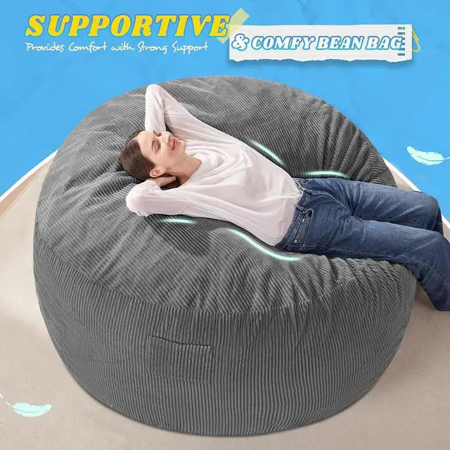 Alt view image 5 of 6 - 4FT Bean Bag Chair,Giant Bean Bag Chairs for Adults,Big Bean Bags with Memory Foam Filled, Large Beanbag Chairs with Soft Corduroy Cover-Grey