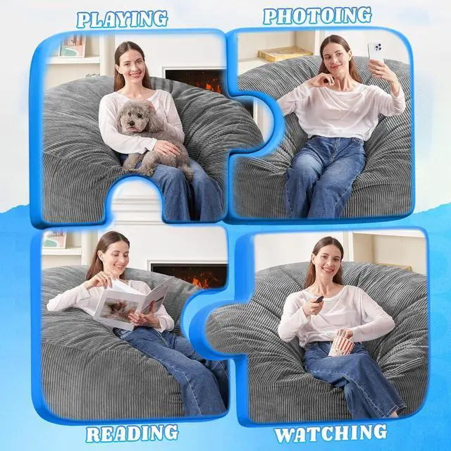 Alt view image 4 of 6 - 4FT Bean Bag Chair,Giant Bean Bag Chairs for Adults,Big Bean Bags with Memory Foam Filled, Large Beanbag Chairs with Soft Corduroy Cover-Grey