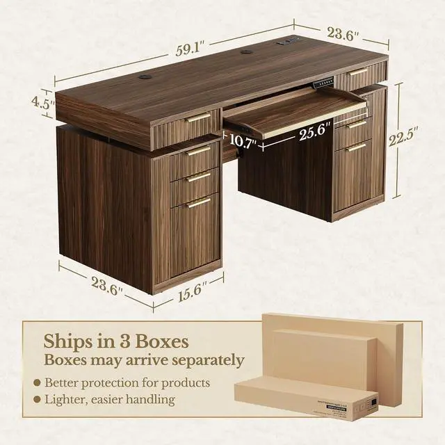 Alt view image 2 of 7 - 59 Inch Standing Desk with Storage Drawers, Executive Electric Height Adjustable Desk with Keyboard Tray, File Cabinet and AC/USB, Fluted Stand Up Desk with Privacy Panel, Black Walnut