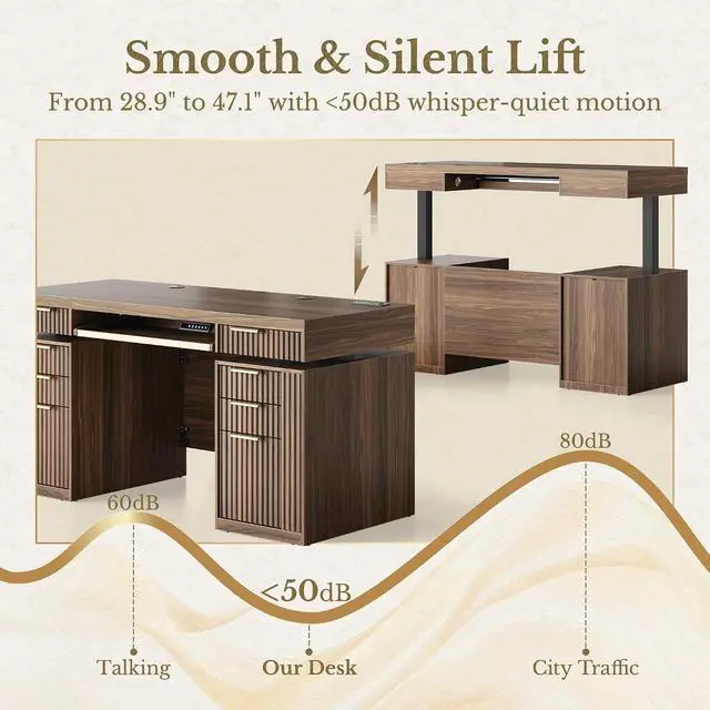 Alt view image 3 of 7 - 59 Inch Standing Desk with Storage Drawers, Executive Electric Height Adjustable Desk with Keyboard Tray, File Cabinet and AC/USB, Fluted Stand Up Desk with Privacy Panel, Black Walnut
