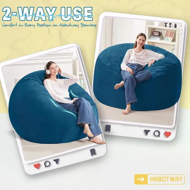 Alt view image 3 of 6 - 4FT Bean Bag Chair,Giant Bean Bag Chairs for Adults,Big Bean Bags with Memory Foam Filled, Large Beanbag Chairs with Soft Corduroy Cover-Dark Blue