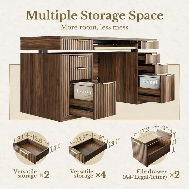 Alt view image 4 of 7 - 59 Inch Standing Desk with Storage Drawers, Executive Electric Height Adjustable Desk with Keyboard Tray, File Cabinet and AC/USB, Fluted Stand Up Desk with Privacy Panel, Black Walnut