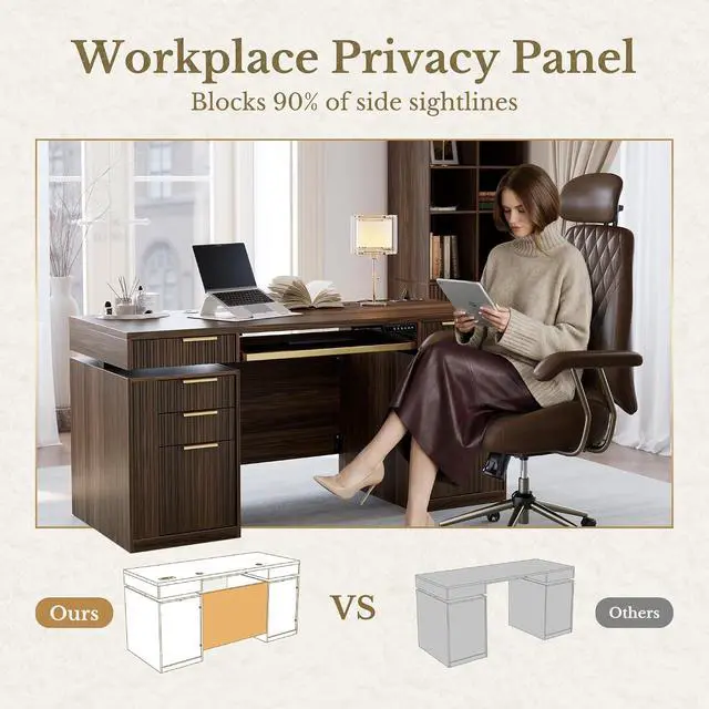 Alt view image 5 of 7 - 59 Inch Standing Desk with Storage Drawers, Executive Electric Height Adjustable Desk with Keyboard Tray, File Cabinet and AC/USB, Fluted Stand Up Desk with Privacy Panel, Black Walnut