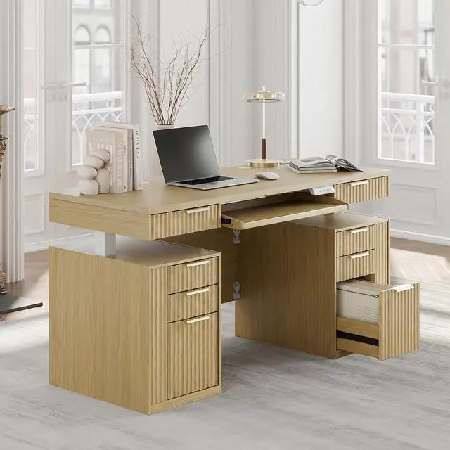 Main image of 59 Inch Standing Desk with Storage Drawers, Executive Electric Height Adjustable Desk with Keyboard Tray, File Cabinet and AC/USB, Fluted Stand Up Desk with Privacy Panel, Light Walnut