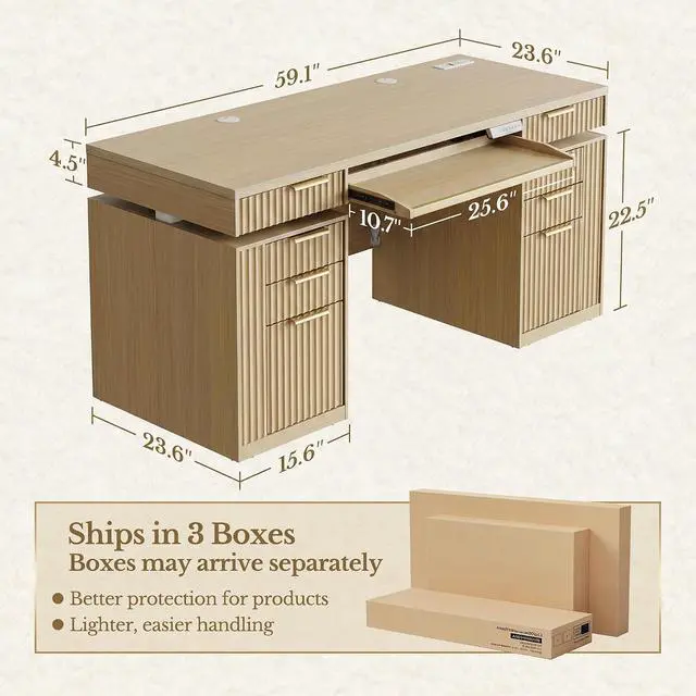 Alt view image 2 of 7 - 59 Inch Standing Desk with Storage Drawers, Executive Electric Height Adjustable Desk with Keyboard Tray, File Cabinet and AC/USB, Fluted Stand Up Desk with Privacy Panel, Light Walnut
