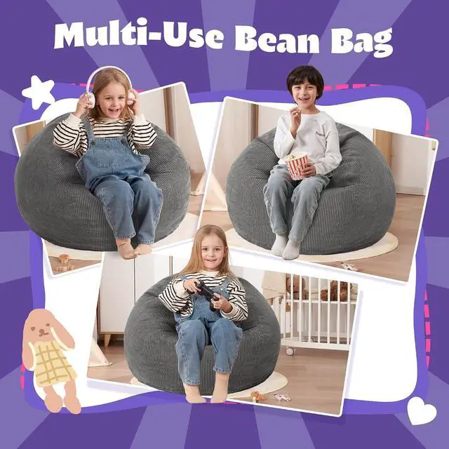 Alt view image 4 of 7 - 2FT Bean Bag Chair,Giant Bean Bag Chairs for Teens Adults,Big Bean Bags with Memory Foam Filled, Large Beanbag Chairs with Soft Corduroy Cover-Grey