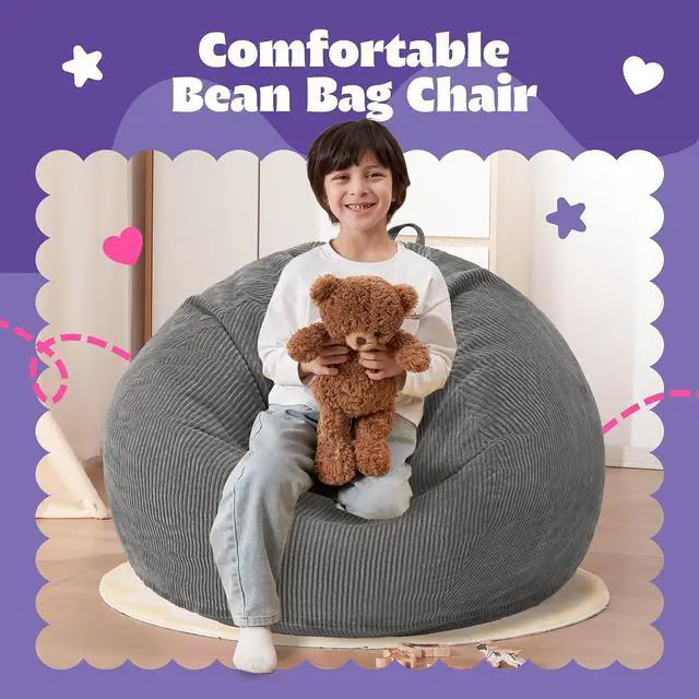 Alt view image 3 of 7 - 2FT Bean Bag Chair,Giant Bean Bag Chairs for Teens Adults,Big Bean Bags with Memory Foam Filled, Large Beanbag Chairs with Soft Corduroy Cover-Grey
