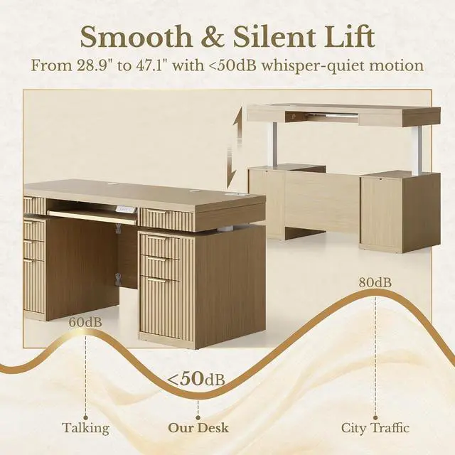 Alt view image 3 of 7 - 59 Inch Standing Desk with Storage Drawers, Executive Electric Height Adjustable Desk with Keyboard Tray, File Cabinet and AC/USB, Fluted Stand Up Desk with Privacy Panel, Light Walnut