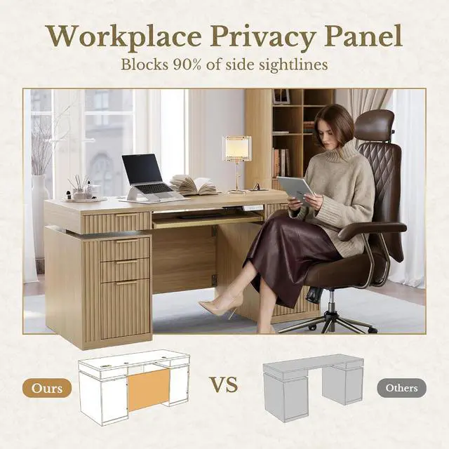 Alt view image 4 of 7 - 59 Inch Standing Desk with Storage Drawers, Executive Electric Height Adjustable Desk with Keyboard Tray, File Cabinet and AC/USB, Fluted Stand Up Desk with Privacy Panel, Light Walnut