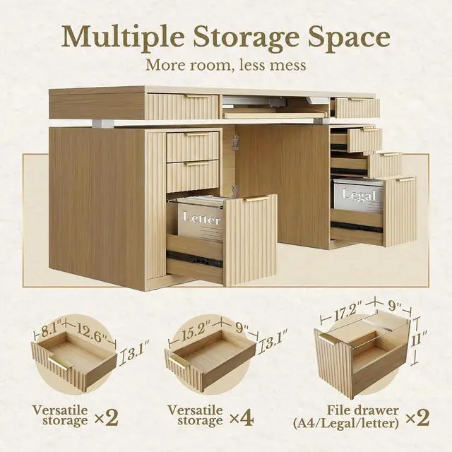 Alt view image 5 of 7 - 59 Inch Standing Desk with Storage Drawers, Executive Electric Height Adjustable Desk with Keyboard Tray, File Cabinet and AC/USB, Fluted Stand Up Desk with Privacy Panel, Light Walnut