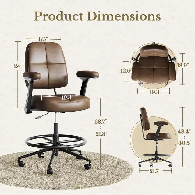 Alt view image 2 of 7 - Drafting Executive Chair, Tall Office Chair with Padded Flip-Up Armrests, Mid-Back Cushioned Seat, 360° Swivel Rolling Computer Desk Chair for Standing Desk & Home Office, Vintage Brown
