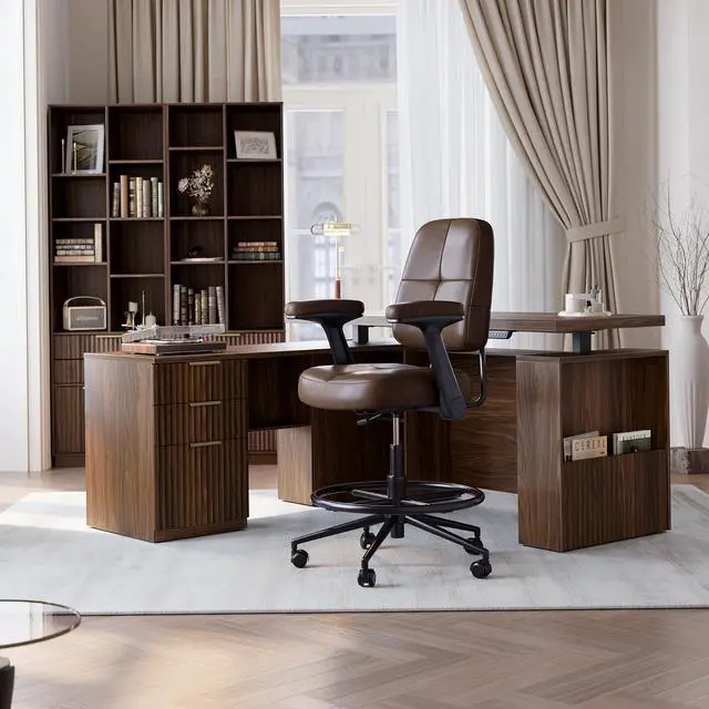 Alt view image 3 of 7 - Drafting Executive Chair, Tall Office Chair with Padded Flip-Up Armrests, Mid-Back Cushioned Seat, 360° Swivel Rolling Computer Desk Chair for Standing Desk & Home Office, Vintage Brown
