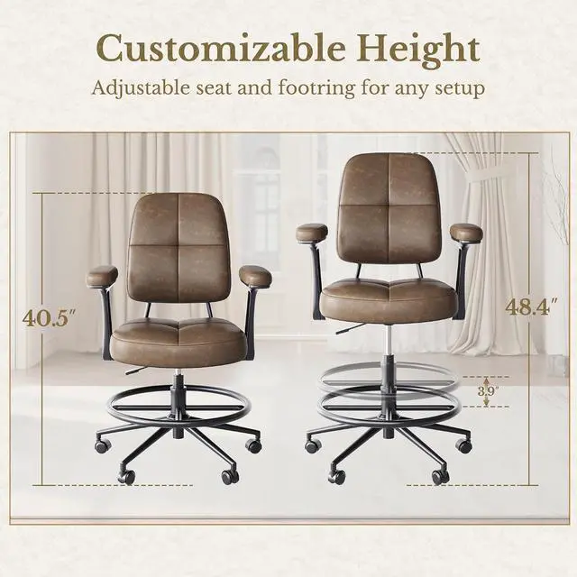 Alt view image 5 of 7 - Drafting Executive Chair, Tall Office Chair with Padded Flip-Up Armrests, Mid-Back Cushioned Seat, 360° Swivel Rolling Computer Desk Chair for Standing Desk & Home Office, Vintage Brown