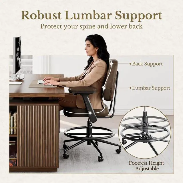 Alt view image 6 of 7 - Drafting Executive Chair, Tall Office Chair with Padded Flip-Up Armrests, Mid-Back Cushioned Seat, 360° Swivel Rolling Computer Desk Chair for Standing Desk & Home Office, Vintage Brown