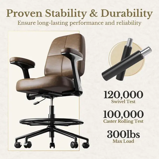 Alt view image 7 of 7 - Drafting Executive Chair, Tall Office Chair with Padded Flip-Up Armrests, Mid-Back Cushioned Seat, 360° Swivel Rolling Computer Desk Chair for Standing Desk & Home Office, Vintage Brown