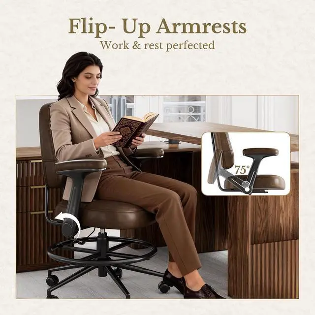 Alt view image 4 of 7 - Drafting Executive Chair, Tall Office Chair with Padded Flip-Up Armrests, Mid-Back Cushioned Seat, 360° Swivel Rolling Computer Desk Chair for Standing Desk & Home Office, Vintage Brown