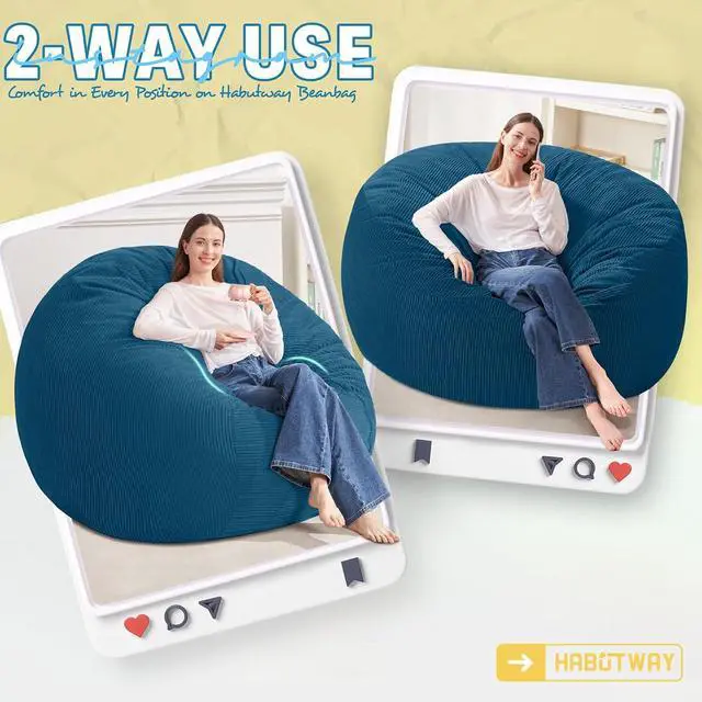 Alt view image 3 of 6 - 5FT Bean Bag Chair,Giant Bean Bag Chairs for Adults,Big Bean Bags with Memory Foam Filled, Large Beanbag Chairs with Soft Corduroy Cover-Dark Blue