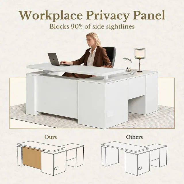 Alt view image 5 of 7 - 63 Inches L Shaped Electric Standing Desk, Height Adjustable Executive Desk with Drawers and File Cabinet, AC/USB, 1.18" Desktop and Privacy Panel for Home Office, White