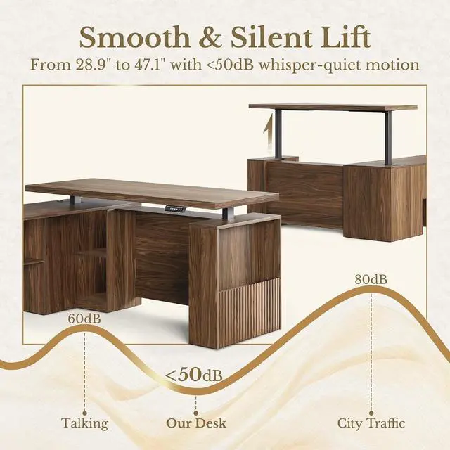 Alt view image 3 of 7 - 63 Inches L Shaped Standing Desk, Executive Electric Adjustable Desk with Storage Drawers and File Cabinet, AC/USB, 1.18" Thiken Desktop and Privacy Panel for Home Office, Black Walnut
