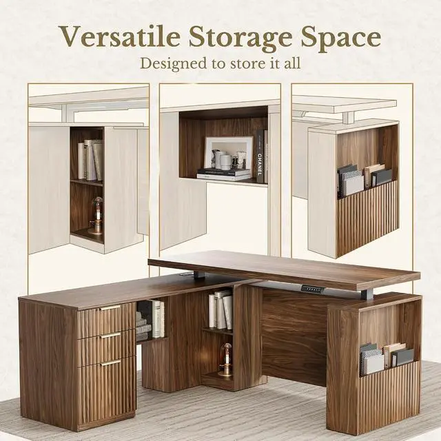 Alt view image 5 of 7 - 63 Inches L Shaped Standing Desk, Executive Electric Adjustable Desk with Storage Drawers and File Cabinet, AC/USB, 1.18" Thiken Desktop and Privacy Panel for Home Office, Black Walnut