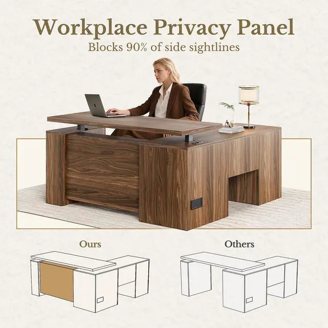 Alt view image 6 of 7 - 63 Inches L Shaped Standing Desk, Executive Electric Adjustable Desk with Storage Drawers and File Cabinet, AC/USB, 1.18" Thiken Desktop and Privacy Panel for Home Office, Black Walnut