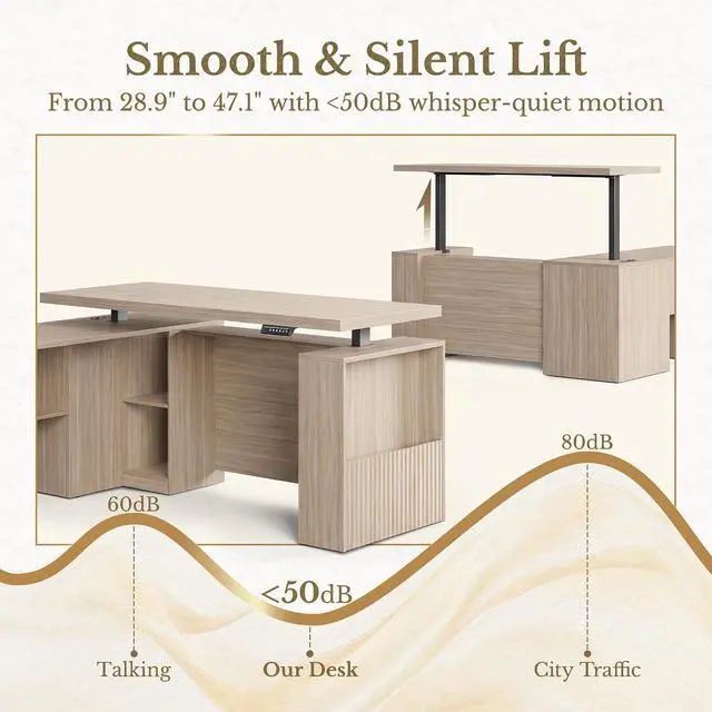 Alt view image 3 of 7 - 63 Inches L Shaped Electric Standing Desk, Height Adjustable Executive Desk with Drawers and File Cabinet, AC/USB, 1.18" Desktop and Privacy Panel for Home Office, Natural Walnut