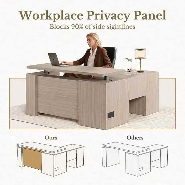 Alt view image 6 of 7 - 63 Inches L Shaped Electric Standing Desk, Height Adjustable Executive Desk with Drawers and File Cabinet, AC/USB, 1.18" Desktop and Privacy Panel for Home Office, Natural Walnut