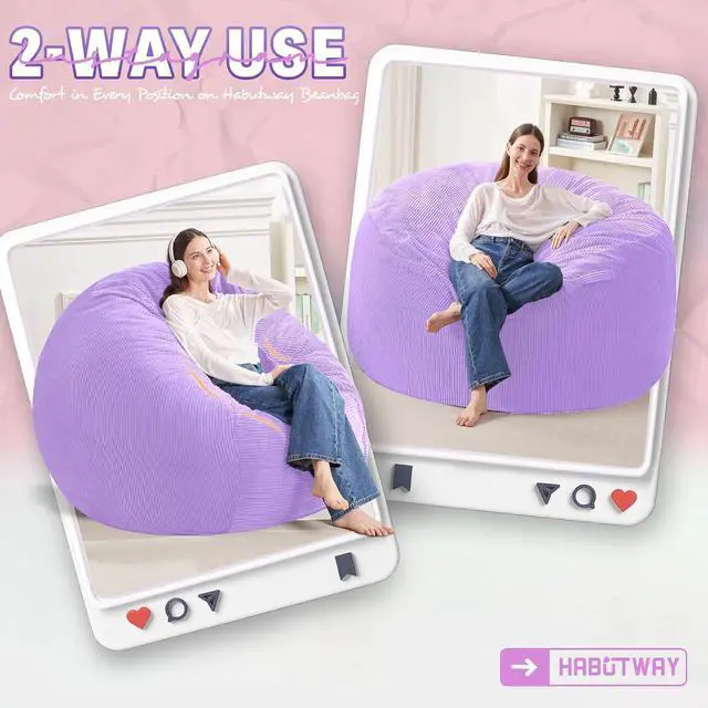 Alt view image 3 of 6 - 4FT Bean Bag Chair,Giant Bean Bag Chairs for Adults,Big Bean Bags with Memory Foam Filled, Large Beanbag Chairs with Soft Corduroy Cover-Purple