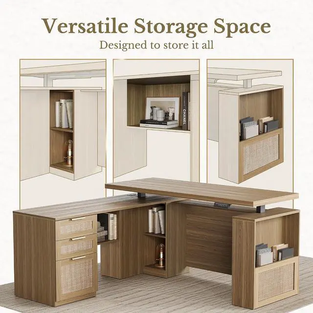 Alt view image 7 of 7 - Home Office Furniture Set, 63'' Electric Standing Desk with 73'' Bookshelf and 2 Drawer Lateral File Cabinet, Office Furniture Desk Sets, Rattan Style Natural Oak