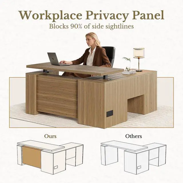 Alt view image 6 of 7 - Home Office Furniture Set, 63'' Electric Standing Desk with 73'' Bookshelf and 2 Drawer Lateral File Cabinet, Office Furniture Desk Sets, Rattan Style Natural Oak