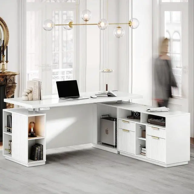 Main image of 70 Inch Executive Standing Desk with File Cabinet, L Shaped Electric Height Adjustable Desk with AC/USB and Privacy Panel, Computer Corner Table for Home Office, White