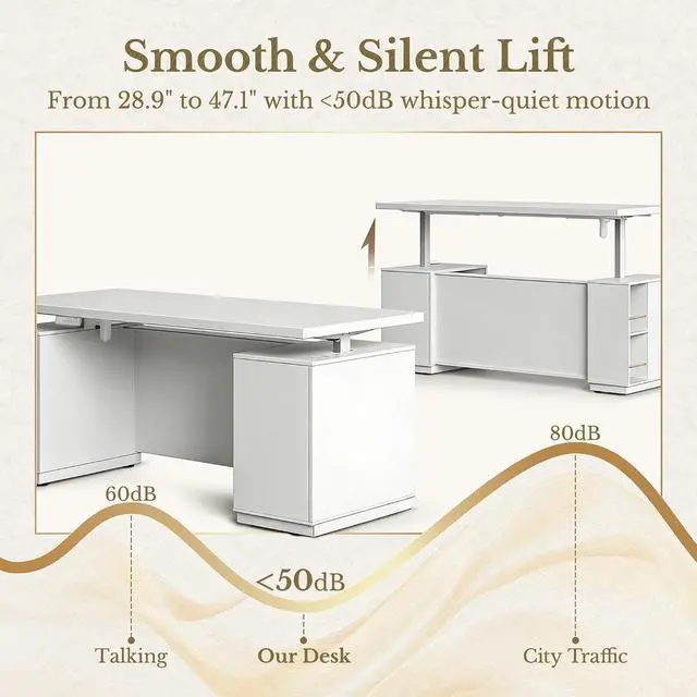 Alt view image 3 of 7 - 70 Inch Executive Standing Desk with File Cabinet, L Shaped Electric Height Adjustable Desk with AC/USB and Privacy Panel, Computer Corner Table for Home Office, White