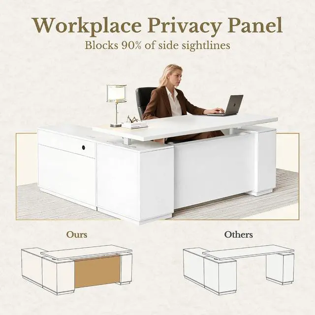 Alt view image 5 of 7 - 70 Inch Executive Standing Desk with File Cabinet, L Shaped Electric Height Adjustable Desk with AC/USB and Privacy Panel, Computer Corner Table for Home Office, White