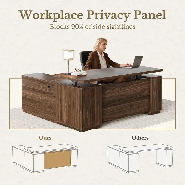 Alt view image 5 of 7 - L Shaped Executive Standing Desk with File Cabinet, Electric Height Adjustable Desk with AC/USB and Privacy Panel for Home and Office, Black Walnut
