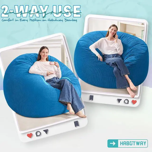 Alt view image 3 of 6 - 5FT Bean Bag Chair,Giant Bean Bag Chairs for Adults,Big Bean Bags with Memory Foam Filled, Large Beanbag Chairs with Soft Corduroy Cover-Blue