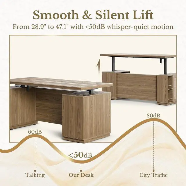 Alt view image 3 of 7 - 70" Standing Desk with Storage, Executive Electric Height Adjustable Stand Up Desk with AC/USB and Privacy Panel, Large One-Piece Destop, Rattan Computer Desk for Home Office, Natural Oak