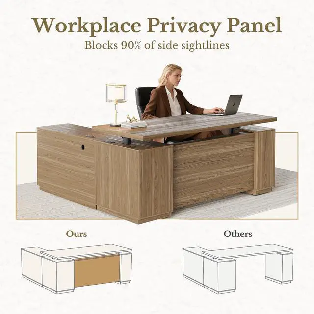 Alt view image 6 of 7 - 70 Inch Executive Standing Desk with File Cabinet, L Shaped Electric Height Adjustable Desk with AC/USB and Privacy Panel, Computer Corner Table for Home Office, Natural Oak