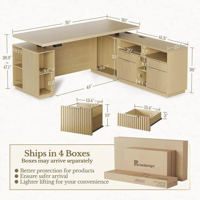 Alt view image 2 of 7 - Standing Desk with File Cabinet, 70 Inch L Shaped Electric Height Adjustable Executive Desk with AC/USB and Privacy Panel, Computer Corner Table for Home Office, Light Walnut