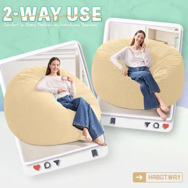 Alt view image 3 of 6 - 5FT Bean Bag Chair,Giant Bean Bag Chairs for Adults,Big Bean Bags with Memory Foam Filled, Large Beanbag Chairs with Soft Corduroy Cover-Khaki