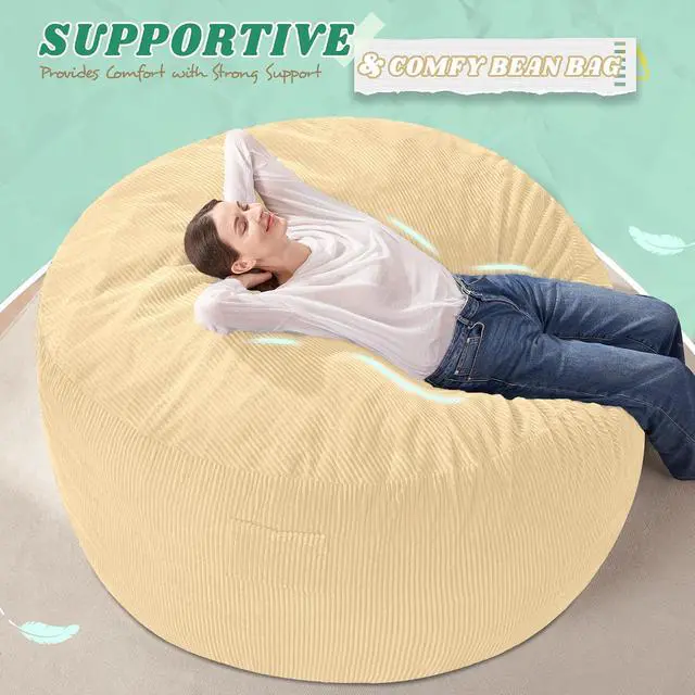 Alt view image 5 of 6 - 5FT Bean Bag Chair,Giant Bean Bag Chairs for Adults,Big Bean Bags with Memory Foam Filled, Large Beanbag Chairs with Soft Corduroy Cover-Khaki