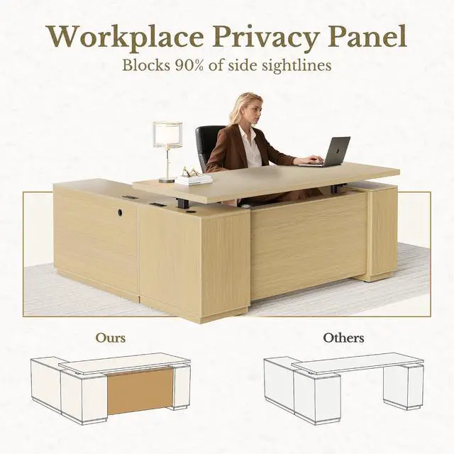 Alt view image 6 of 7 - Standing Desk with File Cabinet, 70 Inch L Shaped Electric Height Adjustable Executive Desk with AC/USB and Privacy Panel, Computer Corner Table for Home Office, Light Walnut