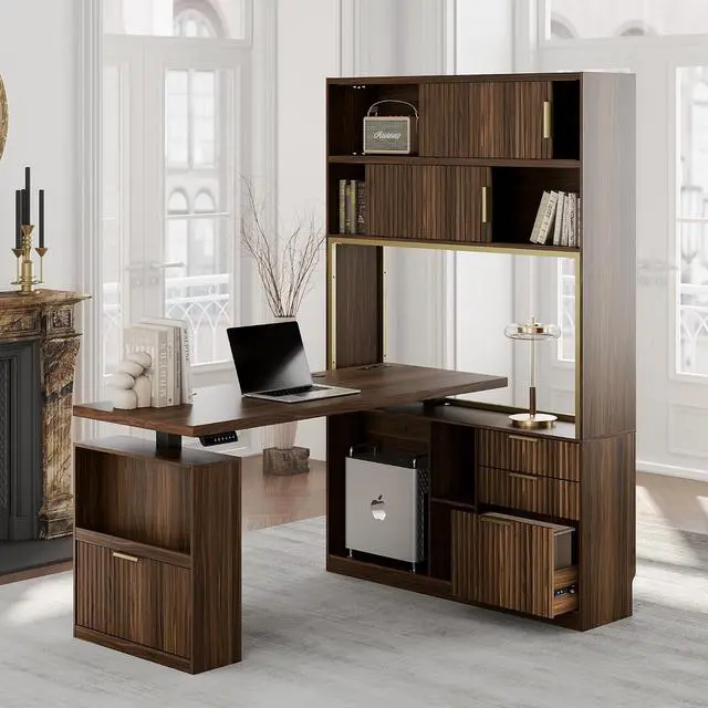 Main image of 60'' L Shaped Standing Desk with Hutch, Fluted Executive Electric Desk with 2 Drawers and File Cabinet & Power Outlets, Corner Computer Desk with Storage for Home Office, Black Walnut