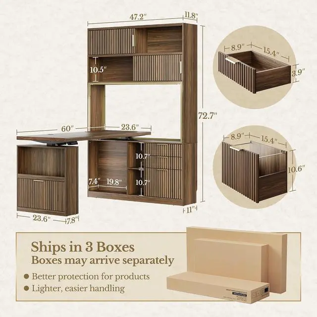 Alt view image 2 of 7 - 60'' L Shaped Standing Desk with Hutch, Fluted Executive Electric Desk with 2 Drawers and File Cabinet & Power Outlets, Corner Computer Desk with Storage for Home Office, Black Walnut