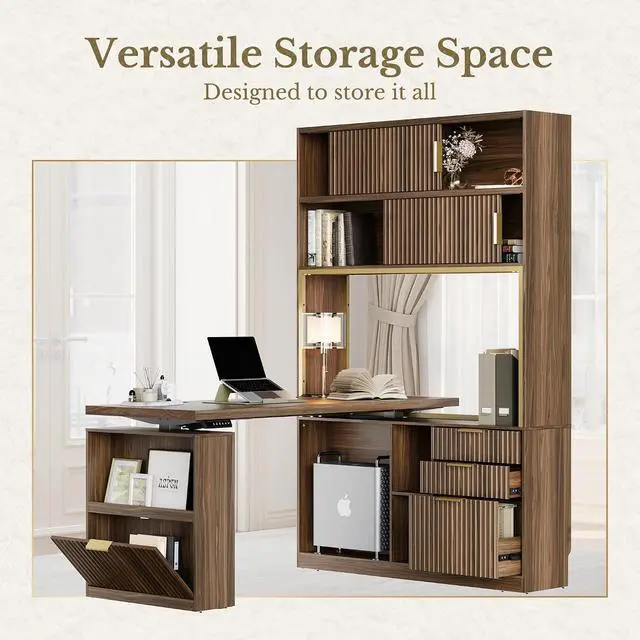 Alt view image 4 of 7 - 60'' L Shaped Standing Desk with Hutch, Fluted Executive Electric Desk with 2 Drawers and File Cabinet & Power Outlets, Corner Computer Desk with Storage for Home Office, Black Walnut