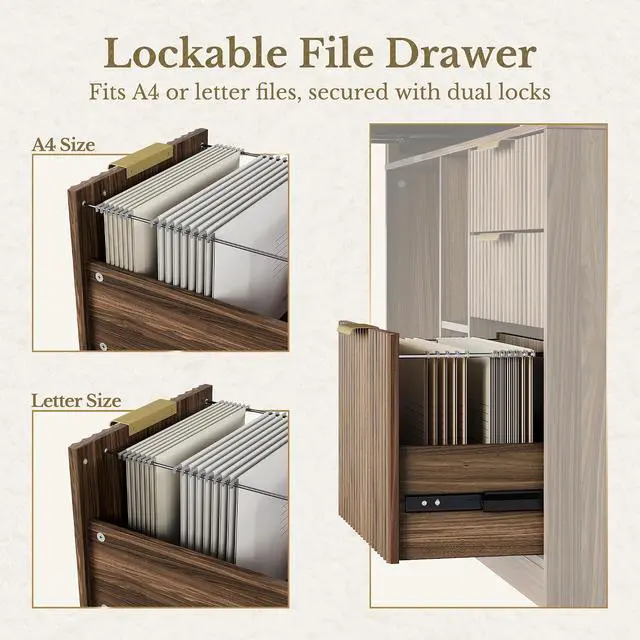 Alt view image 5 of 7 - 60'' L Shaped Standing Desk with Hutch, Fluted Executive Electric Desk with 2 Drawers and File Cabinet & Power Outlets, Corner Computer Desk with Storage for Home Office, Black Walnut