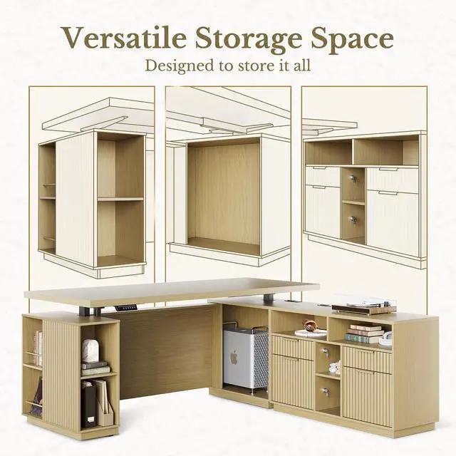 Alt view image 5 of 7 - Standing Desk with File Cabinet, 70 Inch L Shaped Electric Height Adjustable Executive Desk with AC/USB and Privacy Panel, Computer Corner Table for Home Office, Light Walnut